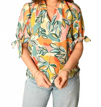 THML Clothing Leaf Print Top With Sleeve Tie In Multi
