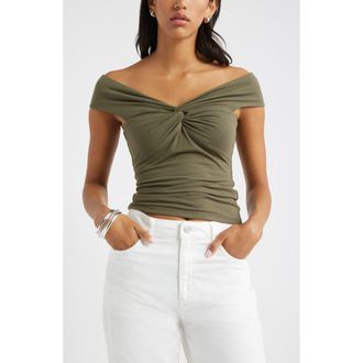 Open Edit Twist Front Off the Shoulder Top in Olive Sarma at Nordstrom Rack, Size Large