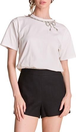 English Factory Rhinestone Bow Cotton T-Shirt in White at Nordstrom, Size X-Small