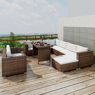 vidaXL Set Muebles De Jard&iacute;n 10 Pzas Y Cojines Rat&aacute;n Sint&eacute;tico Marr&oacute;n Vidaxl