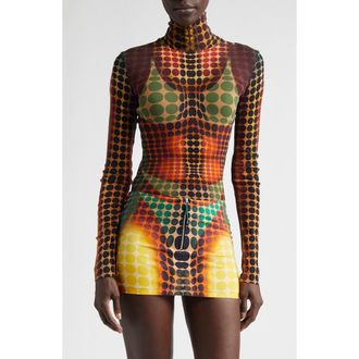 Jean Paul Gaultier Re-Edition Polka Dot Trompe lOeil Long Sleeve Mesh Top in Orange/Blue/Brown at Nordstrom, Size X-Large
