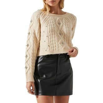 ASTR the Label Madison Rhinestone Cable Stitch Crop Sweater in Cream at Nordstrom Rack, Size X-Large