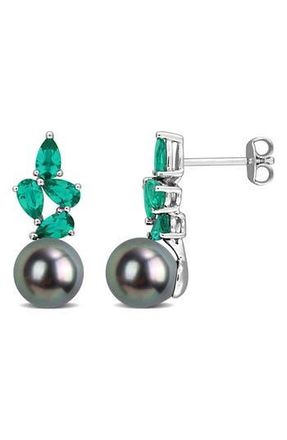 Delmar 8-8.5mm Cultured Tahitian Pearl & Gemstone Cluster Earrings in Green at Nordstrom Rack