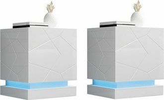 Mirjan24 Mobilier1 - Conjunto De Mesitas De Noche Charlotte 187, Blanco + Blanco Brillante, N&uacute;mero De Cajones: 0, N&uacute;mero De Puertas: 0, 53x46x42cm, Mdf, Led