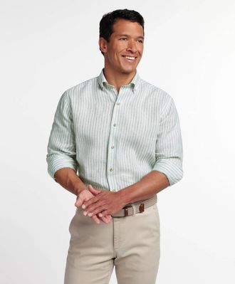 David Donahue Linen Stripe Sport Shirt In Sage