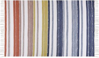 Beliani Alfombra Azul Blanco Amarillo Rojo 140 X 200 Cm A Mano A Rayas Borlas Tozakli