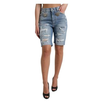 Dolce & Gabbana Hoge taille versierde Bermuda denim shorts - Dames - Denim shorts - Blauw - S - Denim - Korte Broeken