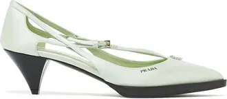 Prada Schoenen, Dames, Groen, 39 EU, Leer, Satin pumps met uitgesneden details en juweelornament