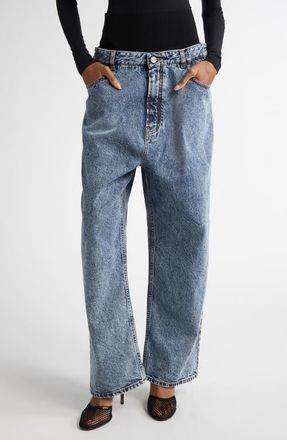 Alaia Inset Wide Knit Waistband Loose Fit Straight Leg Jeans in Bleu Neige at Nordstrom, Size 4 Us