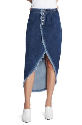 Wash Lab Denim Button Front Denim Faux Wrap Skirt in Shady Blue at Nordstrom, Size 28