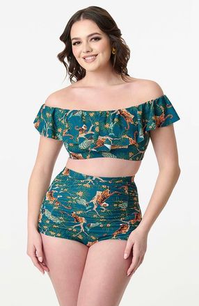 Unique Vintage Ruffled Ramona Swim Top in Green Tiger Print at Nordstrom, Size X-Small