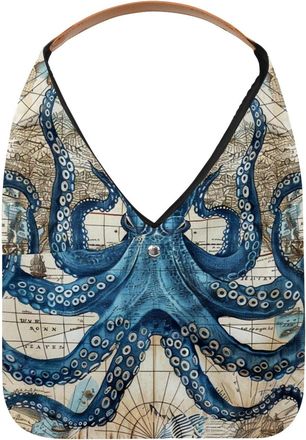 Generic Sea Octopus Nautical Blue Map (4) Reusable Lightweight Grocery Bags - Foldable Into Compact Pouch, Washable & Sturdy, Multipurpose for Shopping and Tr