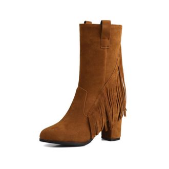 Generic Womens High Heeled Fringe Mid-Calf Boots Round Toe Faux Suede Retro Boot Pull on Wide-Calf Boots,Brown,10.5 UK