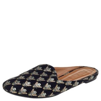 Aquazzura Black Bee Embroidered Fabric Flat Mules