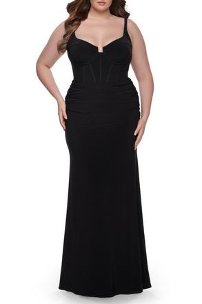 La Femme Jersey Long Plus Size Dress with Bustier Top and Tie Back in Black at Nordstrom, Size 18W
