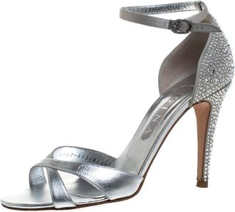 Gina Silver Leather And Satin Crystal Embellished Heel Ankle Strap Sandals