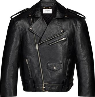 Saint Laurent Bikerjack in Gekorreld Leer - Dames - Leren en Su&egrave;de Jassen - Zwart - XS - Leer - Jassen