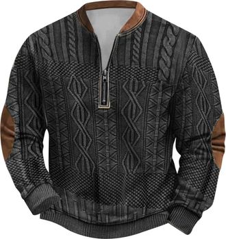 Generic Mens Chunky Knit Pullover with Zip, Long Sleeve, Printed, Collarless and Hooded, Mens Winter Jumper, black, XXL