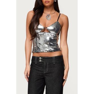 Edikted Rokko Sequin Keyhole Crop Camisole in Silver at Nordstrom, Size X-Small