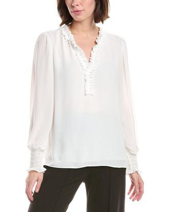 T Tahari Split Neck Ruffle Trim Blouse