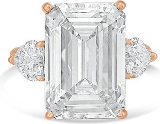 Diana M. Jewels 18kt Rose gold Lab grown 6ct Emerald diamond ring with heart diamonds on the side and micropave band