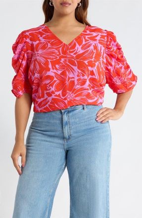 Sugarlips Rania Floral Chancellor Ruched Sleeve Top in Pink Red Multi at Nordstrom, Size 3 X