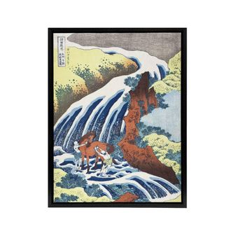 Artery8 Waterfall Horse Vintage Japan Framed Canvas Wall Art Print Hokusai in Blue | Size: W24 x H32