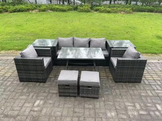 Fimous Rattan Outdoor Furniture Sofa Garden Dining Set with Dining Table 2 Armchairs 2 Side Tables Small Stools in Dark Grey