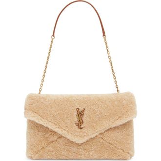 Saint Laurent Cassandre Genuine Shearling Shoulder Bag in Naturel/Brick at Nordstrom