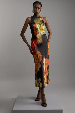 Karen Millen Floral Satin Woven Column Maxi Dress