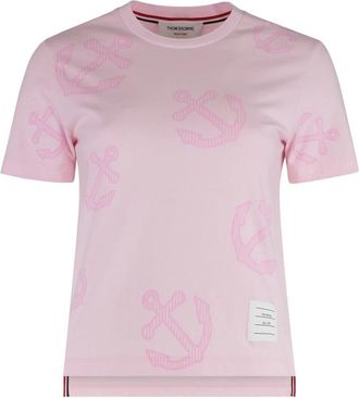 Thom Browne Katoenen Crew-neck T-shirt met Tricolor Detail - Dames - T-shirts - Roze - S - Katoen - Tops
