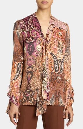 Santorelli Sienna Long Sleeve Blouse in Printed Charmeuse in Chestnut Multi at Nordstrom, Size 2