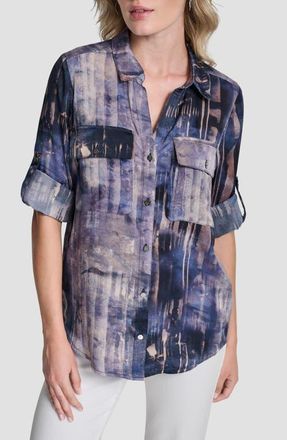DKNY Abstract Print Roll-Tab Sleeve Button-Up Shirt in Hudson Lights at Nordstrom, Size X-Small