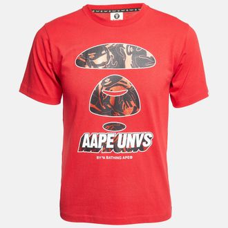 A Bathing Ape Red Digital Printed Cotton Knit Crew Neck T-Shirt