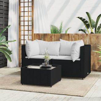 vidaXL Set De Muebles De Jard&iacute;n 3 Pzas Y Cojines Rat&aacute;n Sint&eacute;tico Negro Vidaxl