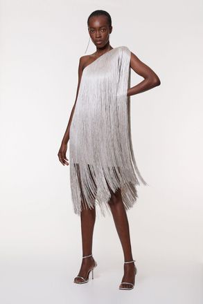 Karen Millen Womens Figure Form Bandage One Shoulder Fringe Mini Knit Dress - Silver - Size 16 UK