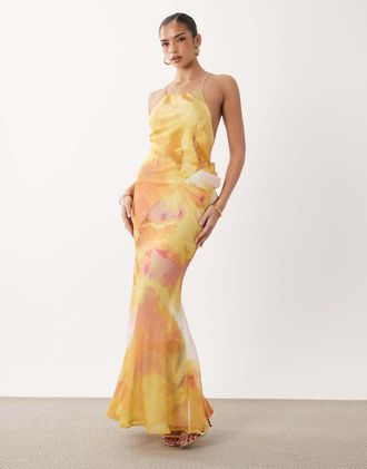 Asos Vestito lungo con scollo squadrato in raso misto chiffon giallo astratto-Multicolore