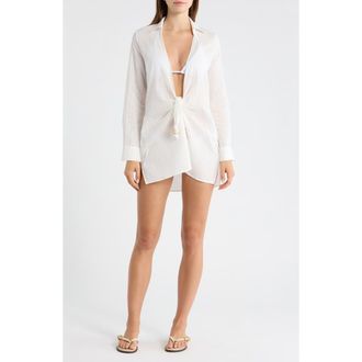 Elan Long Sleeve Semisheer Cotton Cover-Up in White at Nordstrom, Size X-Large