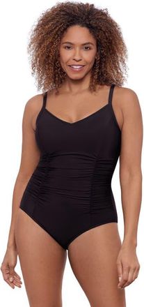 Aqua Green Princess Seam V-Neck Side Shirred Adjustable One-Piece Swimsuit in Black at Nordstrom, Size Medium