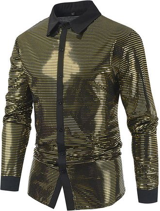 Generic 2026 Fancy Dress Costumes Mens Formal Shirts Dotted Sequin Button Down Shirt Clothing Lapel Long Sleeve Glossy T (Gold, XL)