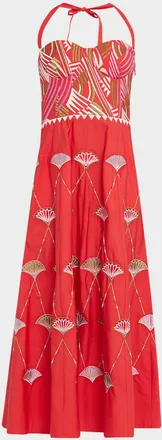 Emporio Sirenuse Lotty Embroidered A-Line Halter Midi Dress