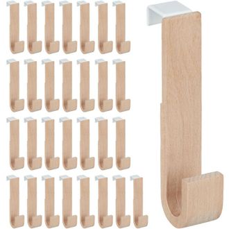Relaxdays Ganchos Puerta Set 30 Madera Y Hierro, Chaquetas, Toallas, Colgadores Pasillo, 13x2,5x6 Cm, Blanco Y Natural