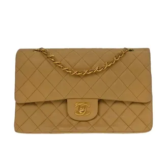 Chanel Timeless - Classic Double Flap Leather Beige Calfskin Handbag (Pre-Owned)