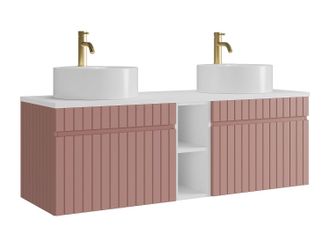 Vente-Unique Mueble de ba&ntilde;o suspendido estriado con huecos y doble lavabo sobre encimera redondo y grifo - Rosa - An. 140 cm - SATARA