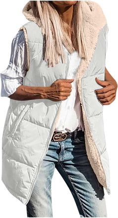 Generic Womens Fleece Gilets Ladies Fleece Vest Hooded Body Warmer Sleeveless Winter Down Coat Lined Gilet Long Puffer Jacket Length Padded Jacket with Pocket