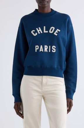Chlo&eacute; Paris Logo Appliqu&eacute; Cotton Fleece Crop Sweatshirt in Classic Navy at Nordstrom, Size Small
