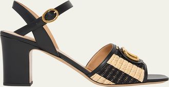 Valentino Garavani 75mm VLogo Leather and Striped Raffia Ankle-Strap Sandals