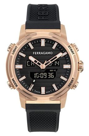 Ferragamo Sport Anadigit Silicon Strap Watch, 43mm in Black/Rose Gold at Nordstrom