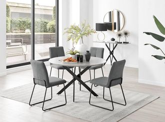 Furniturebox Novara Grey Concrete Effect Black Leg 120cm Round Dining Table & 4 Halley Chairs in Dark Grey