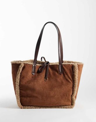 Accessorize maxi borsa double-face effetto montone color crema e cuoio-Marrone